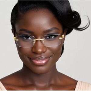 Wom enRimless Sunglasses Gold Clear‎ Lens Wood Grain Arms Rhinestone Female Lady